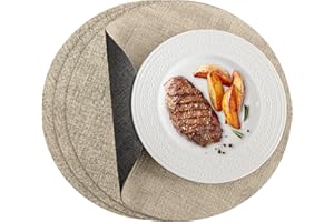 Romanstile Round Placemats Set of 4, Reversible Faux Leather Table Place Mats 100% Waterproof Oil-Proof Non-Slip Wipeable Double-Sided Vinyl Table Mats for Kitchen/Dining/Party, Grey－Khaki