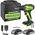 Greenworks 24V Brushless Cordless Drill Kit, 310 in./lbs, 18+1 Position Clutch, 1/2 '' Keyless Chuck, Variable Speed, (2)2Ah Batteries with 2A Fast Charger, LED Light with Tool Bag