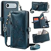 Lacass for iPhone 17 Air Case Wallet,[Cards Theft Scan Protection] Card Holder Zipper Leather Flip Cover Crossbody Wrist Strap with Stand (Floral Cyan Green)