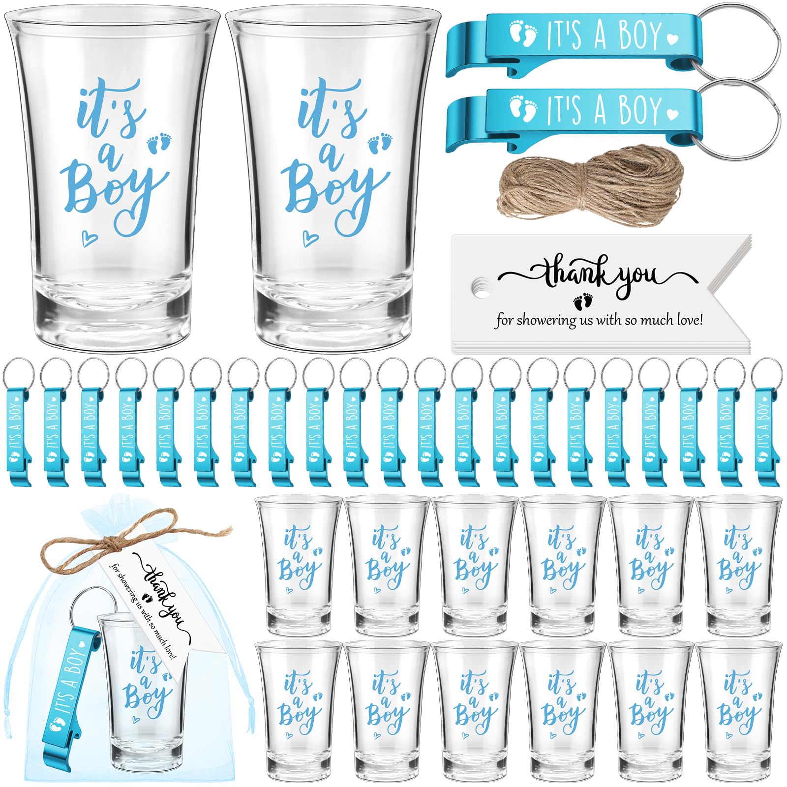 Photo 1 of Singhoow 50 Sets Baby Shower Favor for Guests Acrylic Shot Glasses with Bottle Opener Keychains Thank You Tags and Bags Gender Reveal Party Favors for Guest Baby Shower Return Gift(Boy)