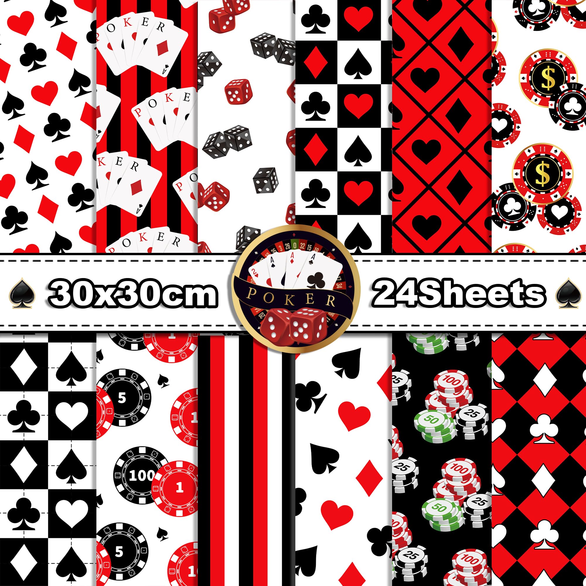 Photo 1 of Sheets Casino Poker Scrapbook Paper Pad Double-Sided Black Red Whiter Poker Card Patterned Decorative Craft Paper for Card Making Photo Album Journal DIY Craft, 11.8'' x 11.8''