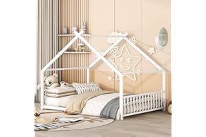HANLIVES Full House Bed for Kids, Metal Floor Bed Frame Full with Headboard and Footboard, Full Kids Bed Floor Bed for Kids, Girls, Boys(White)