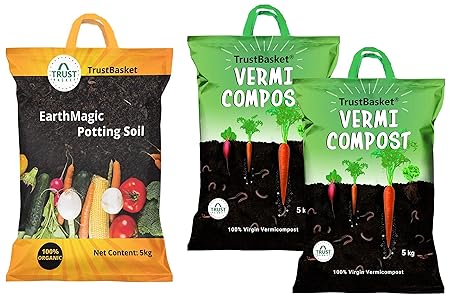 TrustBasket Enriched Organic Earth Magic Potting Soil Fertilizer for Plants, 5 Kg and Trust Basket Organic Vermicompost Fertilizer Manure for Plants - 10 Kg