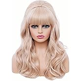 Rugelyss Long Strawberry Blonde Mixed Wig with Bang Retro Bouffant Beehive Wigs fits 80s Costume or Halloween Party