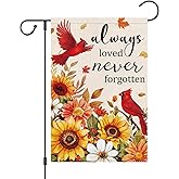 Wodison Always Loved Never Forgotten Memorial Garden Flag 12x18 Inch Double Sided, Fall Thanksgiving Cardinal Sunflower Cemetery Yard Outdoor Decorative Flag