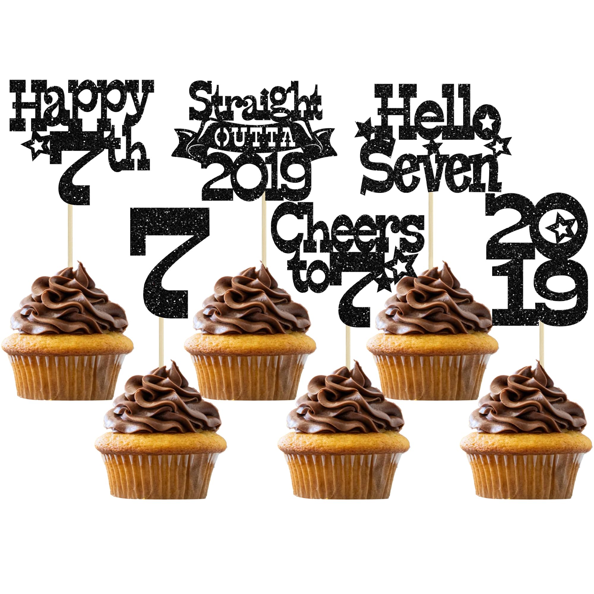 Ephlyn 30Pcs Straight Outta 2019 Cupcake Toppers Glitter Hello Seven Happy 7th Birthday Cupcake Picks Cheers to 7 Years Cake Decorations for 7th Birthday Party Supplies Black