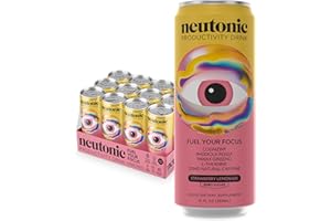 Neutonic Nootropic Productivity Energy Drink | Strawberry Lemonade 12 Cans | 120mg Natural Caffeine, Zero Sugar | Support Memory, Mental Clarity, Cognitive Function | Boost Focus, Energy, Brain Health