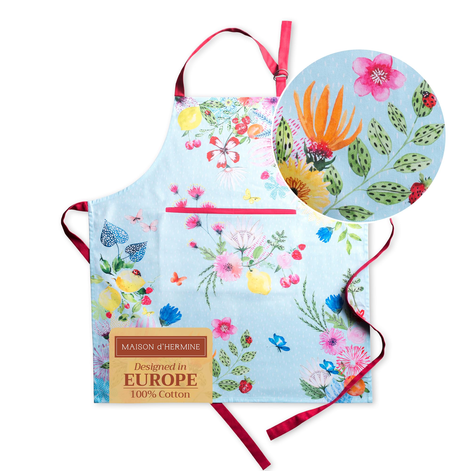 Maison d' Hermine 100% Cotton Apron for women with Pocket Kitchen Chef Spring/Summer Apron for Men Cooking Gardening Server Waitress Maid - (Jardin D'Ete - Mint, 85 cm x 70 cm)