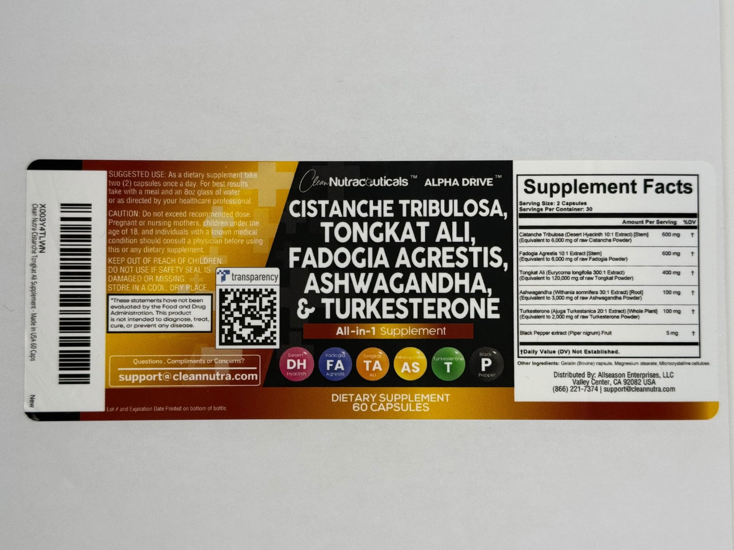 Clean Nutra Cistanche Tribulosa Fadogia Agrestis Tongkat Ali Turkesterone Pills Ashwagandha Capsules Supplement for Men - 60 Count