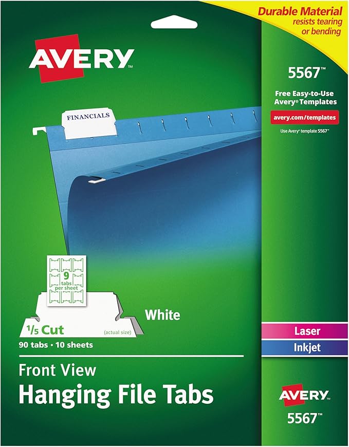 Avery 5567 Print Write On Hanging Tabs 1 5 Tab 2 1 16 White Pack Of 90