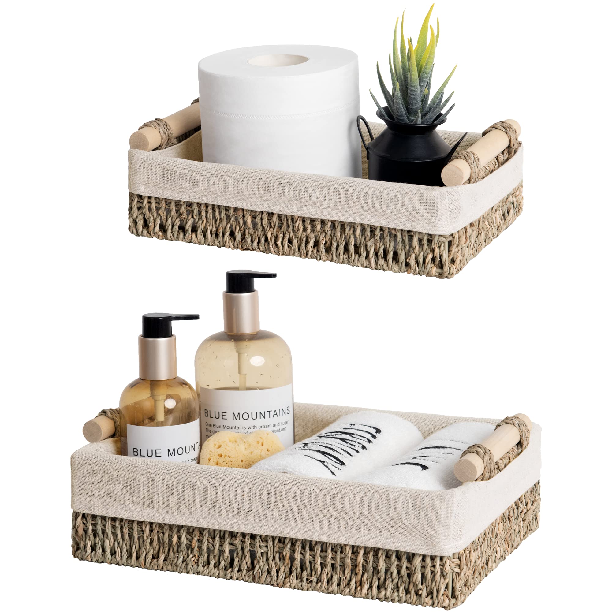 StorageWorks Small Seagrass Baskets for Organizing, Wicker Basket for Organizer, Storage Baskets with Wooden Handles and Natural Fiber Liner, Set of 2 Image