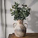 SIDUCAL Rustic Ceramic Farmhouse Flower Vase with 2 Handles, Whitewashed Terra Cotta Vase, Decorative Pottery Flower for Home Decor, Table, Living Room, Shelf Decor, 7.3 Inch, Terra
