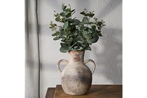 SIDUCAL Rustic Ceramic Farmhouse Flower Vase with 2 Handles, Whitewashed Terra Cotta Vase, Decorative Pottery Flower for Home Decor, Table, Living Room, Shelf Decor, 7.3 Inch, Terra