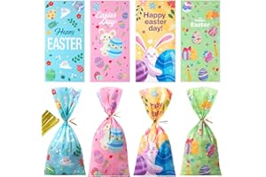 idolpack 50 Pack Easter Treat Bags with Ties, 5x10.5 Inch Easter Bunny Egg Cellophane Candy Bags Easter Cello Bags Easter Goody Cookie Bags for Easter Day Party