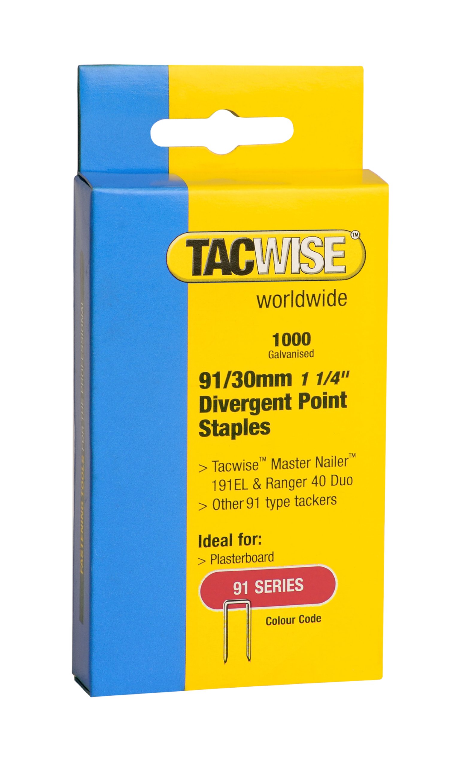 Tacwise 0289 Type 91 / 30 mm Galvanised Narrow Crown Staples, Divergent Point, Pack of 1000