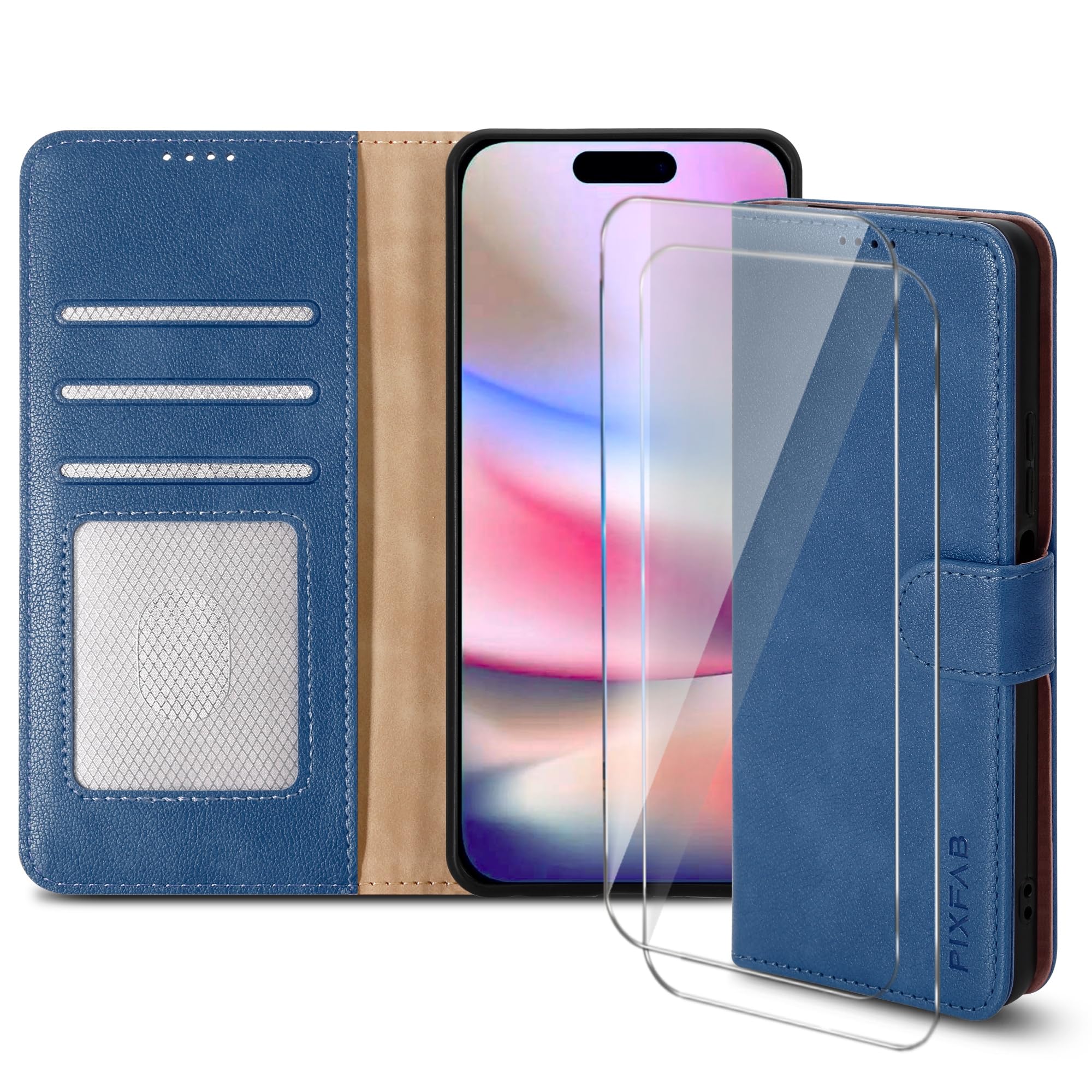 PIXFAB Case for iPhone 16 Pro Max with 2 x Screen Protector Tempered Glass, Leather Wallet Phone Case, Magnetic Book Flip Folio Cover [RFID Protection & Card Slots] and [Kickstand] - Blue