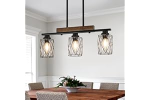 DVMTEOM 3-Light Dining Room Light Fixture/Chandelier Over Table, Island Lighting Hanging for Farmhouse Linear Chandeliers Matte Black Rustic Wood Ceiling Pendant Light Fixtures, with Clear Glass Shade
