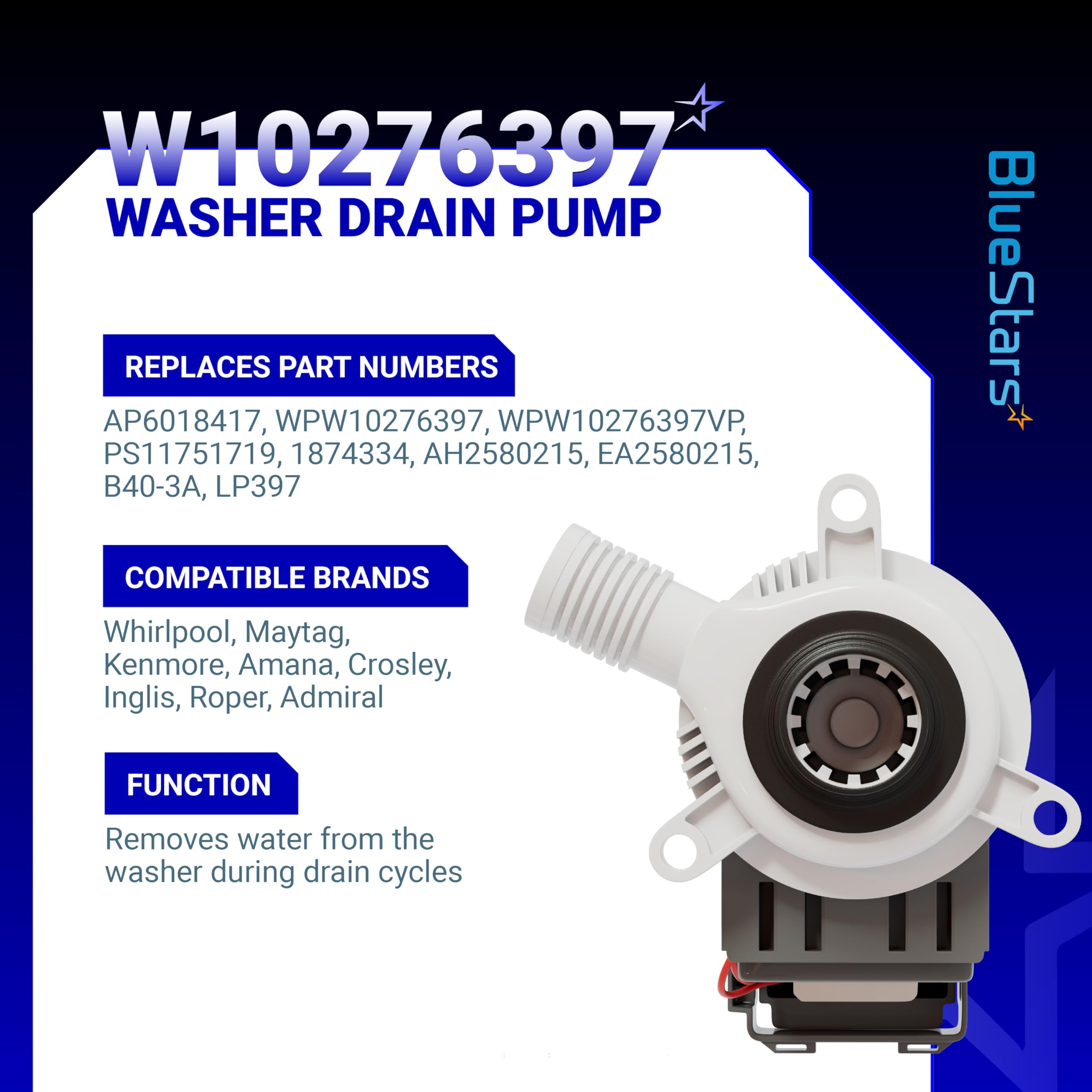 BlueStars W10276397 Washer Drain Pump for Whirlpool Kenmore Maytag Washing Machines - Replaces WPW10276397VP B40-3A 1874334 AP6018417 LP397 PS11751719