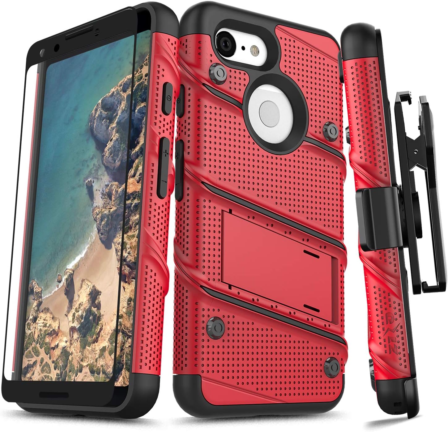 ZIZO Bolt Series Google Pixel 3 Case Military Grade Drop Tested with Full Glass Screen Protector Holster and Kickstand Red Black