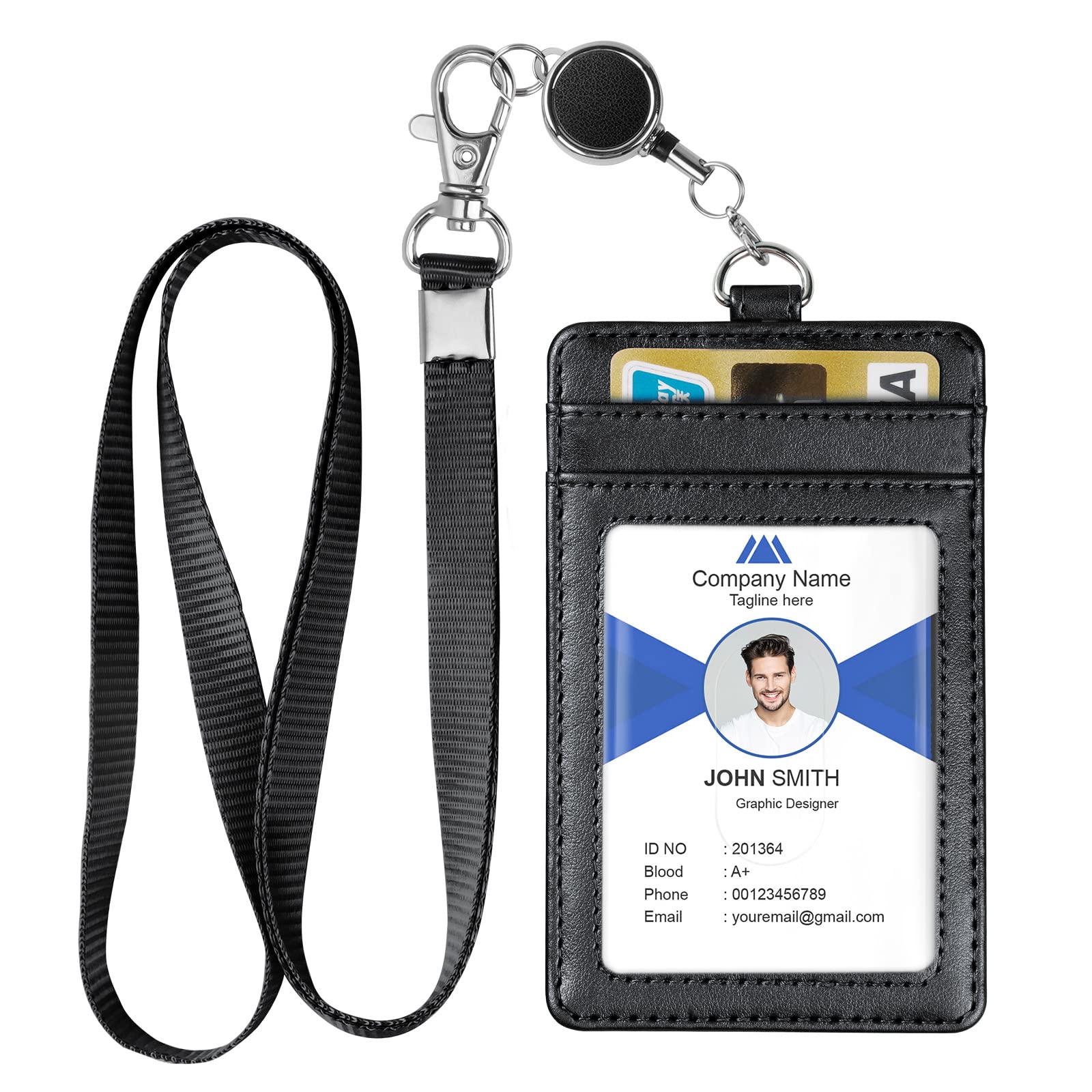 OFFCUP PU Leather Badge Holder, ID Card Holder, Credit Card Wallet with Nylon Lanyard and Zipper Pocket 1 Clear ID Window and 3 Card Slots for Office School ID, Credit Cards, Driver Licence (Black)