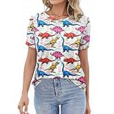 RMCMS Women Dinosaur Shirt Summer Cute Tops Dino Graphic Tees Casual Loose Short Sleeve Blouse