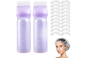 BEABOY Root Comb Applicator Bottle, 6 Ounce, Hair Oil Applicator, Oil Applicator for Hair Dye, Oil Bottles for Hair, Hair Oiling Applicator with Graduated Scale (2 Pack+20 PCS Disposable Shower Caps, Purple)