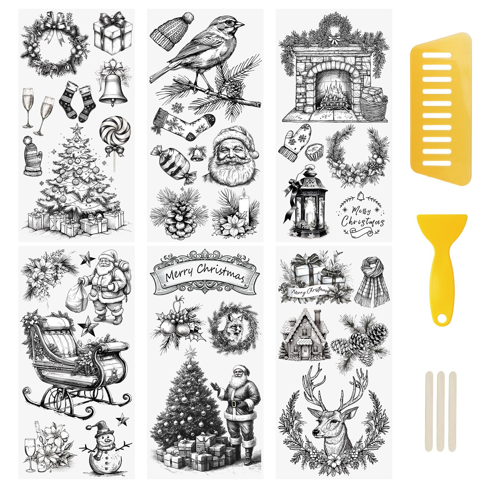 WANDIC 6 Sheets Rub On Transfer Sticker, Black&White Theme Christmas Sticker Decal for DIY Scrapbooking Photo Albums furniture,15 * 30cm