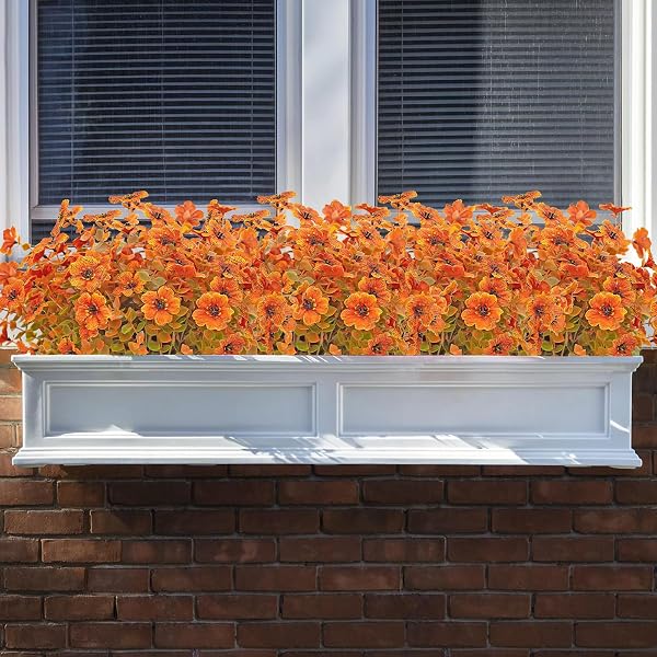 DRT DERUITAI 8 BUNDLES ARTIFICIAL FALL FLOWERS OUTDOOR,UV-RESISTANT FAKE FALL FLOWERS NO FADE OUTDOOR PLASTIC FAUX FLOWER PLANTS FOR OUTSIDE HOME DECOR(ORANGE GREEN)
