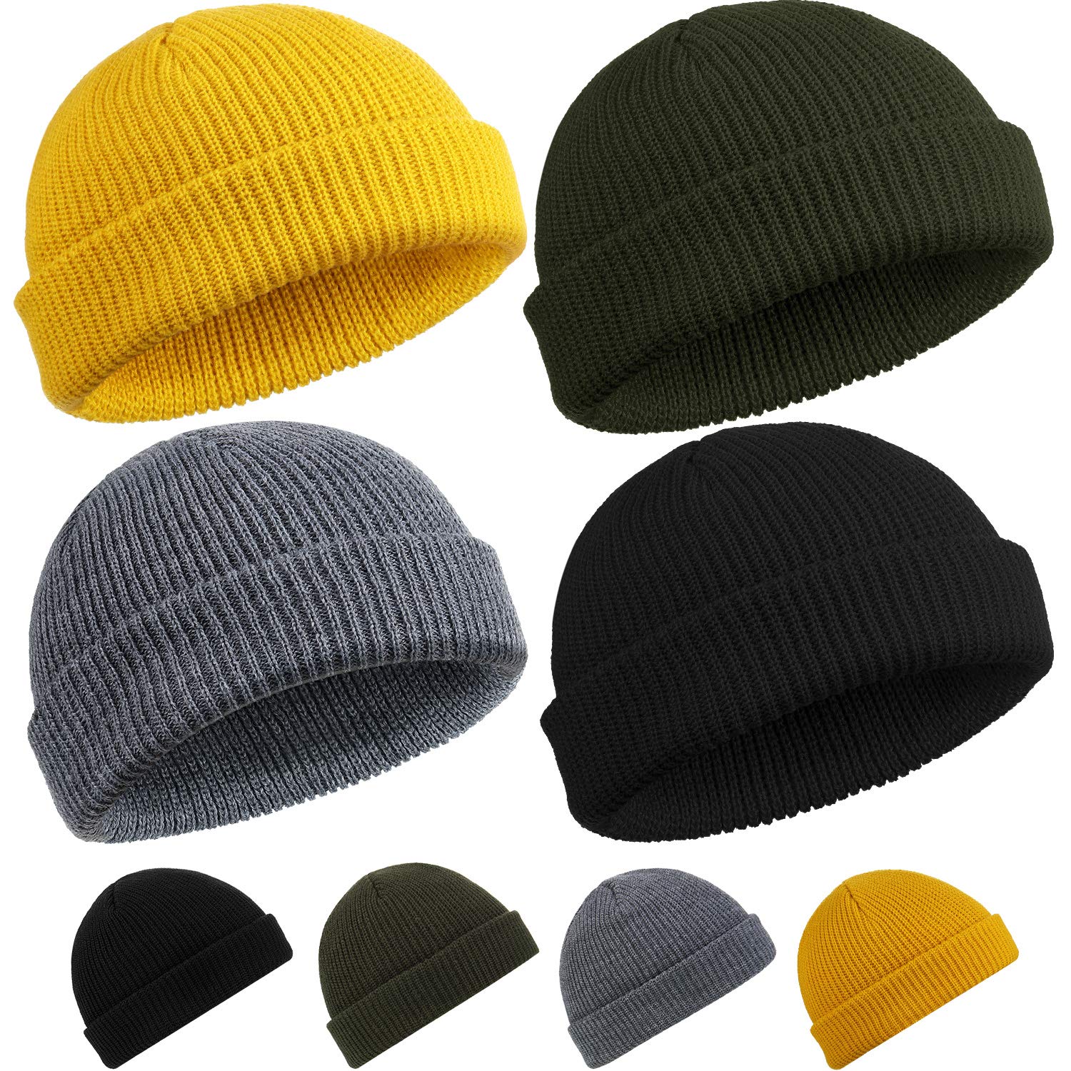 Photo 1 of SATINIOR 4 Pieces Trawler Beanie Watch Hat Roll up Edge Skullcap Fisherman Beanie Unisex (Black, Army Green, Dark Gray, Yellow)