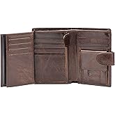 POKOFO Large RFID Genuine Leather Card Holder Trifold Wallet Snap Closure 3 ID Windows for men