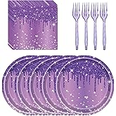 LYFREE 72 Pcs Purple Glitter Paper Plates 7in Disposable Paper Dessert Plates Napkins and Forks Party Tableware Set Happy Birthday Table Decorations for 24 Guests Purple Birthday Wedding Theme Party