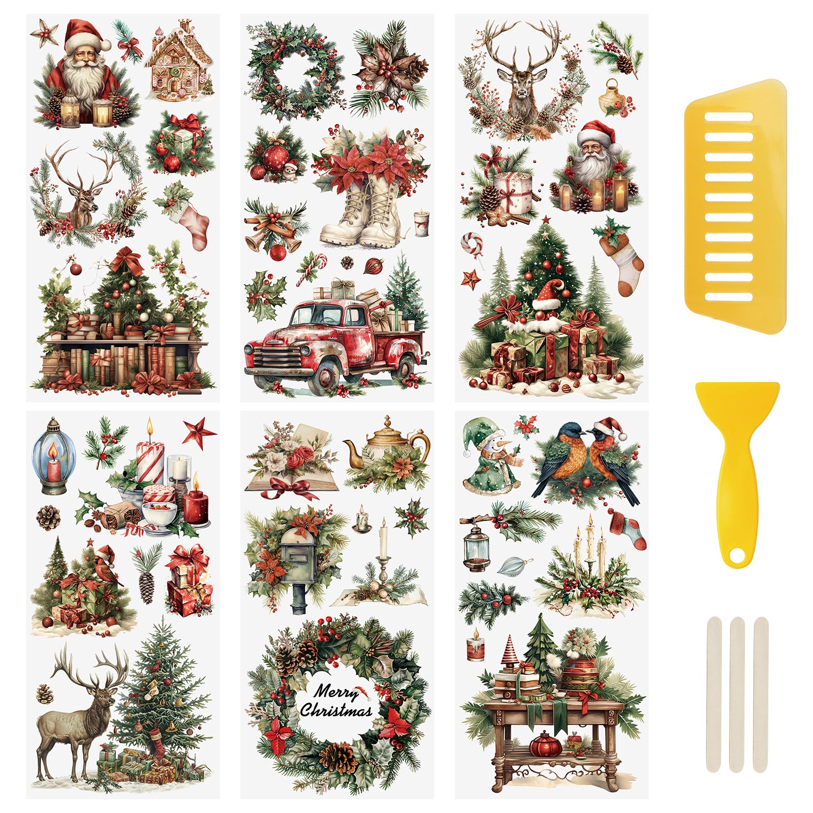 WANDIC 6 Sheets Christmas Theme Rub On Transfer Sticker, Merry Christmas Stickers Transfer Decals for DIY Photo Albums Furniture, 5.9 * 11.8in