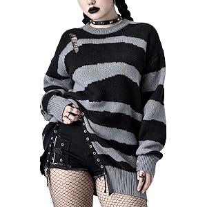 Halloween Sweaters for Women Grunge Ripped Punk Gothic Oversized Sweaters Distressed Striped Knit Sweater Tops
