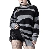 Halloween Sweaters for Women Grunge Ripped Punk Gothic Oversized Sweaters Distressed Striped Knit Sweater Tops