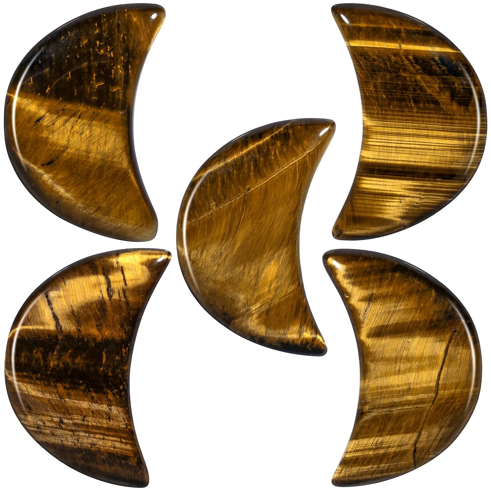 KYEYGWO 5pcs Hand Carved Half-Moon Palm Pocket Stones, Polished Crystal Stone Set for Home Office Decoration DIY or Jewelry Making, Tiger's Eye Stone