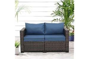 Valita Patio PE Wicker Couch Furniture Loveseat Outdoor Brown Rattan Sofa with Washable Cushions(Navy Blue)
