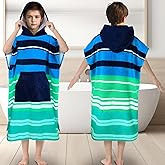 Surf Poncho Towel for Teens & Big Kids (8-14 Years,36"X26") | 100% Cotton Ultra-Absorbent Oversized Hooded Towel Robe with Pocket for Boys | Swim Cover-Up for Pool, Beach, Bath | Blue Striped Design