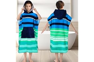 VOOVA & MOVAS Surf Poncho Towel for Teens & Big Kids (8-14 Years,36"X26") | 100% Cotton Ultra-Absorbent Oversized Hooded Towel Robe with Pocket for Boys | Swim Cover-Up for Pool, Beach, Bath | Blue Striped Design