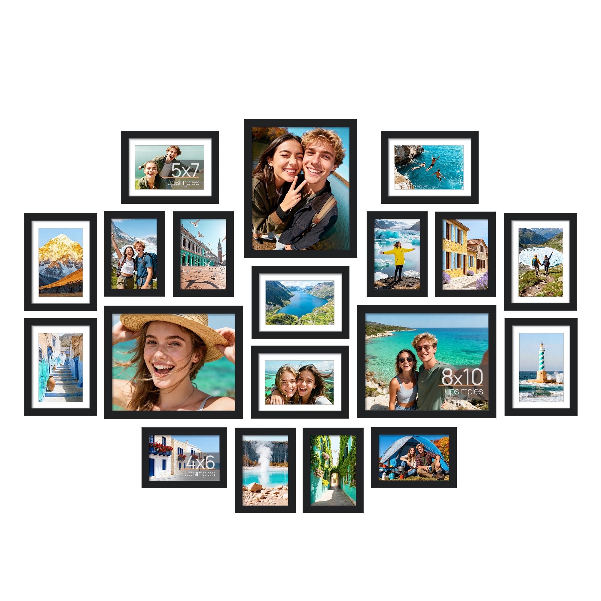 Photo 1 of upsimples 19 Pack Picture Frames Collage Wall Decor for Mounting or Tabletop Display, Photo Gallery Frame Set for Family, Multi Sizes Including 8x10, 5x7, 4x6, Black