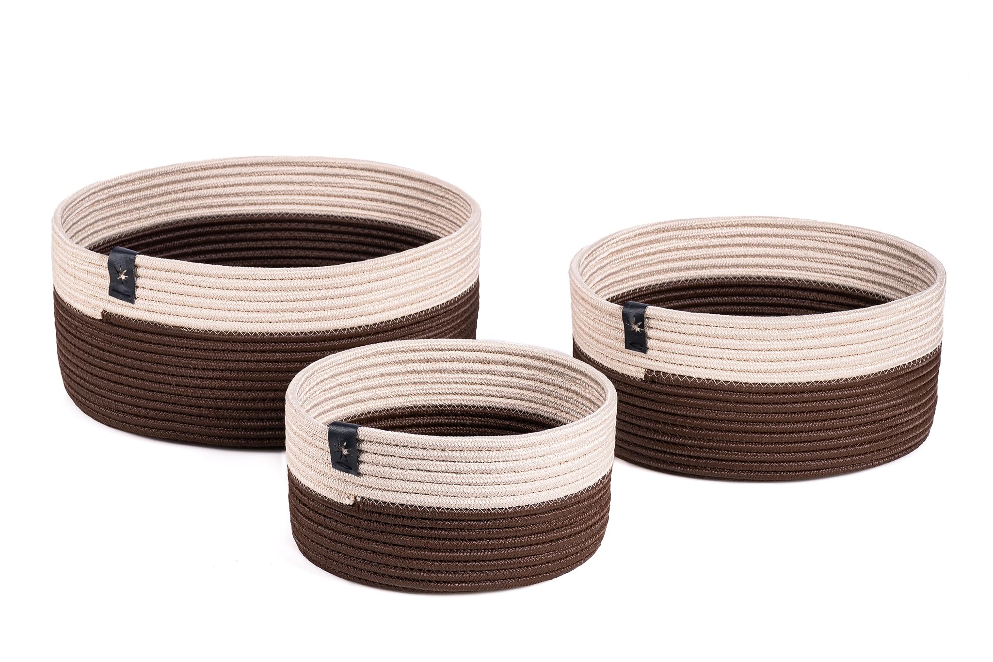 Darido Set of 3 Cotton Storage Baskets, Round 29x13CM, Handmade Beige & Brown Basket for Kitchen Use, Bathroom Storage and Wardrobe Organiser, Perfect Storage Boxes for Shelves, Original Elegant Gift