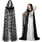 Guuozzli Long Black Lace Hooded Cloak Witch Cape for Women | Vampire Cloak Gothic Lace Sheer Cape Halloween Costume Cosplay Cloak