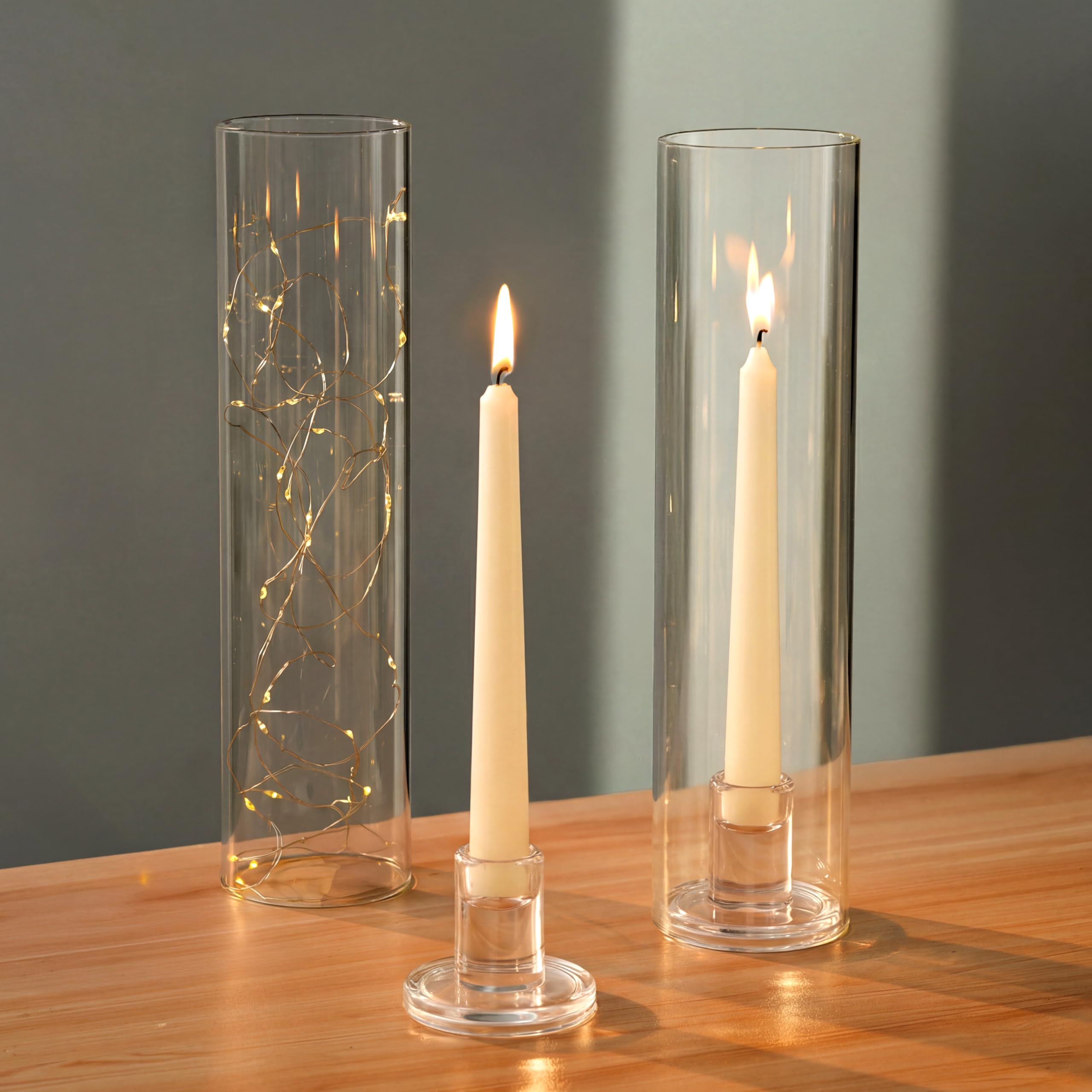 NUPTIO Hurricane Candlestick Holders Glass: 2 Pcs Clear Taper Candle Holder Tall Glass Candle Stick Outdoor Candleholder Cylinder Shade Wedding Centrepieces for Tables Christmas Party Decor