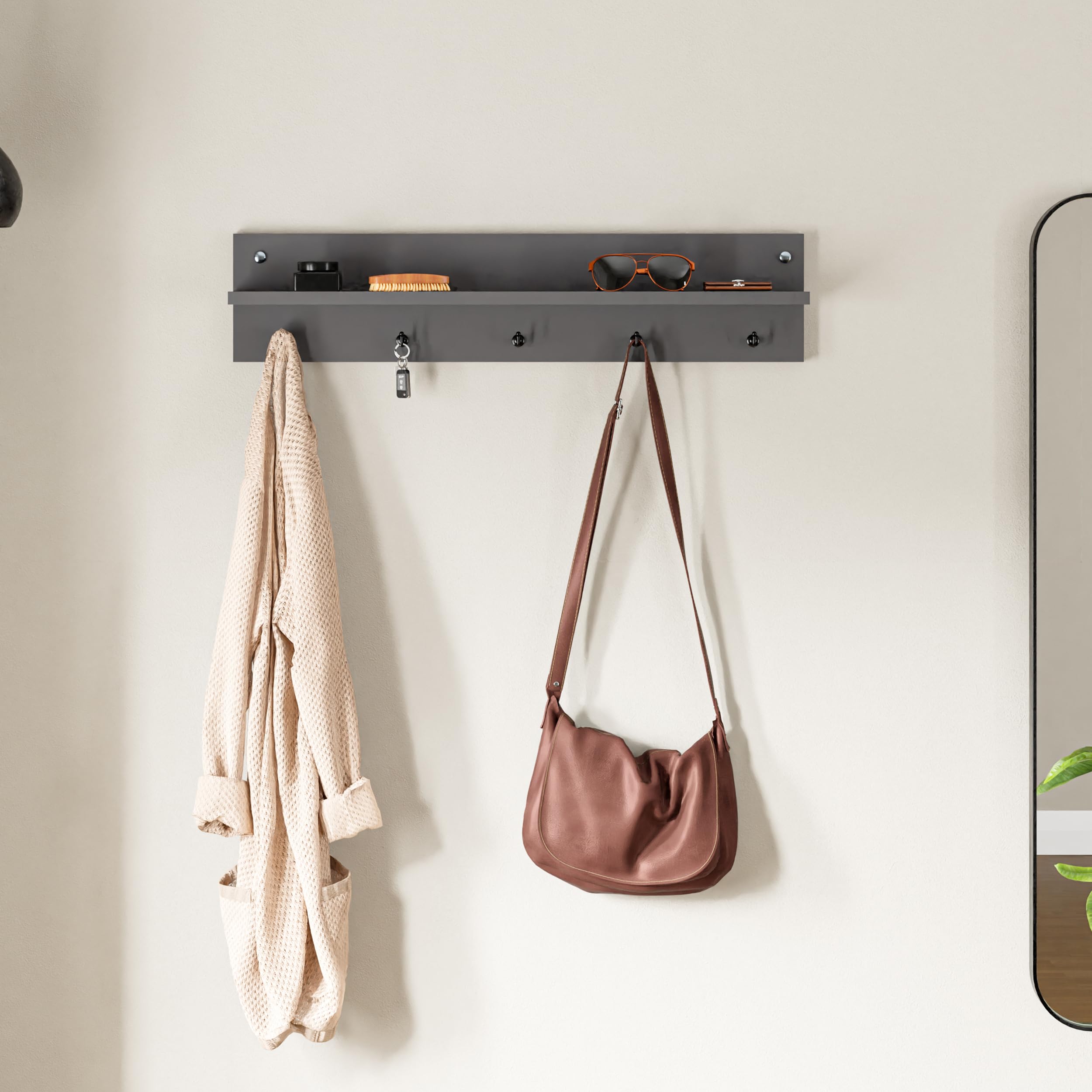 Photo 1 of InterGo Modern Wall-Mounted Coat Rack with Shelf and Hooks - Wooden Entryway Organizer (Grey)