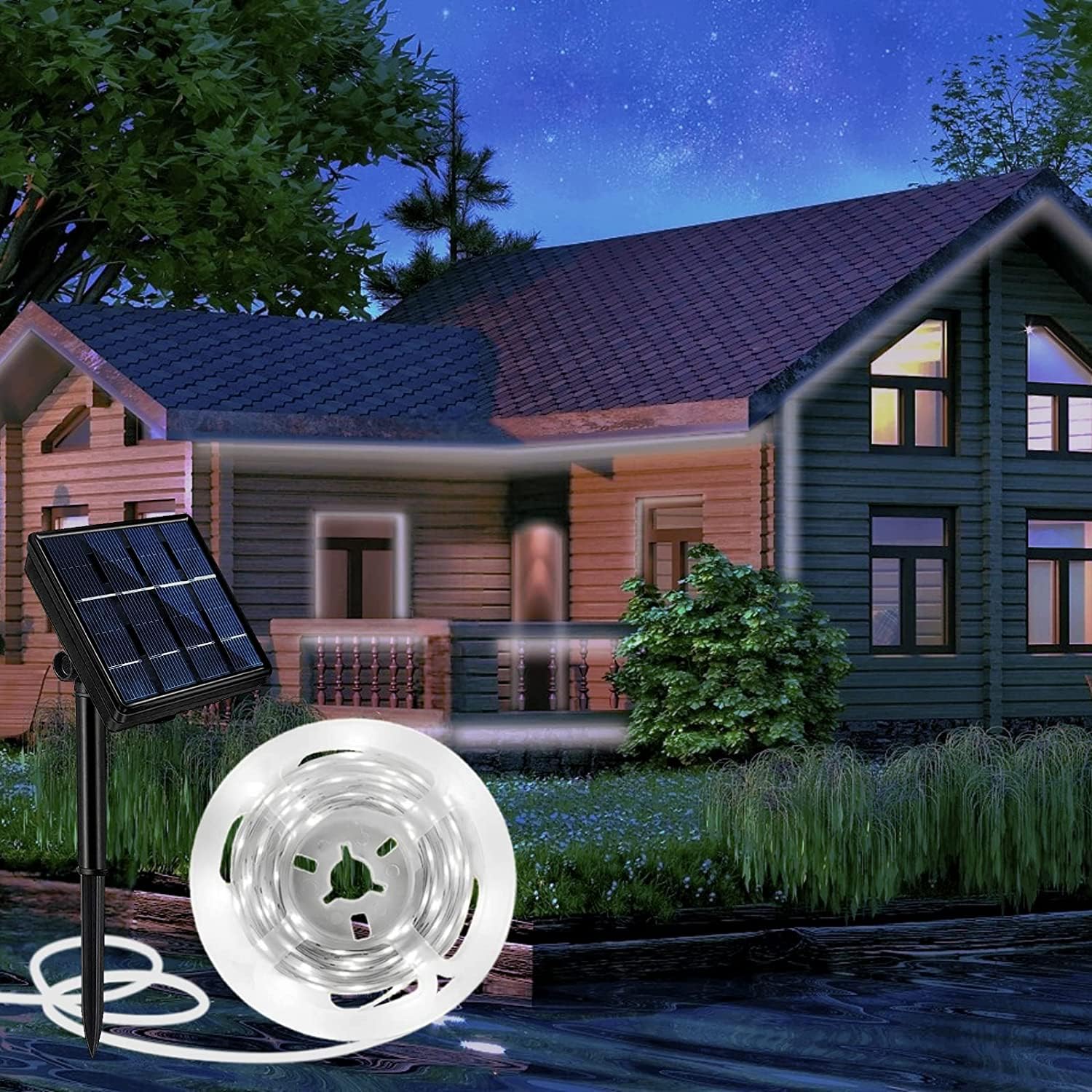 Aitesuo 5m/16.4ft Solar LED Strip Lights Outdoor, Cool White 6000K Solar Powered Flexible Tape Lights, 8 Lighting Modes, 180 LED, Cuttable, IP65 Waterproof for Terrace Balcony Porch Pool Pergola Decor