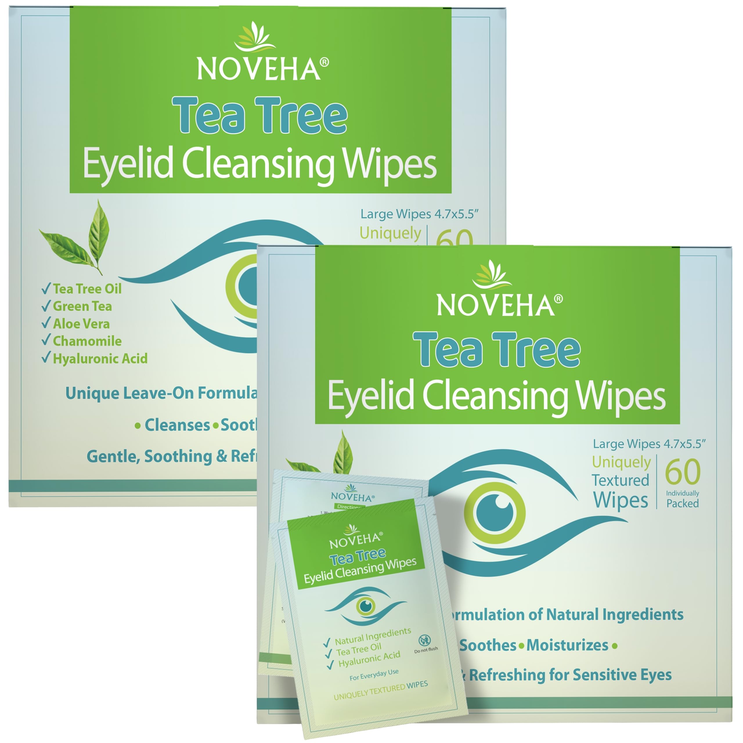 NOVEHA 2PK Tea Tree Oil Eyelid & Lash Wipes | With Hyaluronic Acid, Green Tea & Chamomile For Blepharitis & Itchy Eyes, Individually Wrapped Eyelash Wipes Natural Makeup Remover & Daily Cleanser