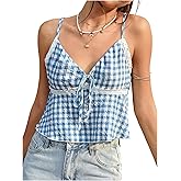 RoseSeek Women's Plaid Lace Crop Camisole Tops Tie Front V Neck Babydoll Gingham Top Spaghetti Strap Tank Top