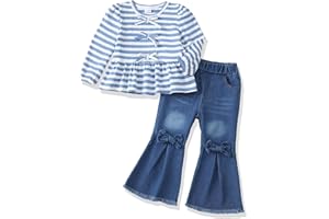 SODLON Toddler Baby Girl Clothes Little Girls Fall Winter Outfits Kids Smocked Shirt Bell Bottom Jeans Denim Pants Clothing