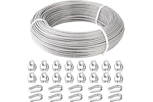 Fshihine 3/16 Wire Rope, 200FT Stainless Steel Cable 3/16inch, 7x19 Strands Braided Steel Cable 3/16, 3700lbs Breaking Strength Aircraft Cable 3/16 with Rope Clamps,Thimbles, for Cable Railing