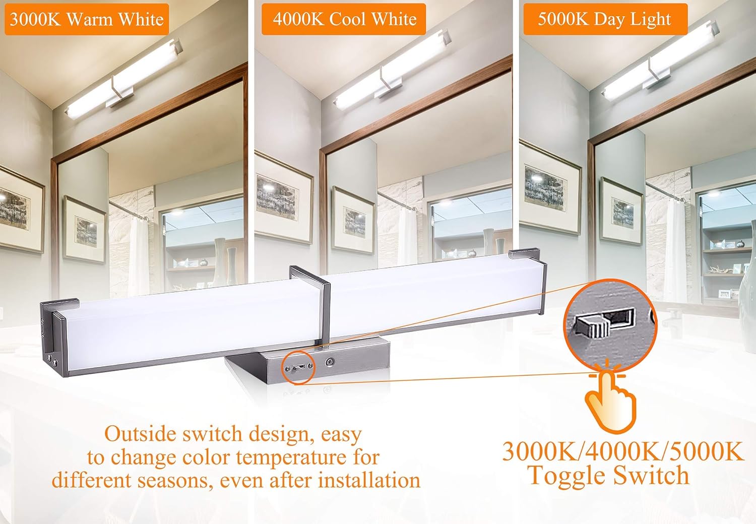 Cloudy Bay 3 Color LED Bathroom Vanity Light, 24 inch 3000K/4000K/5000K Selectable, 120V 25W Dimmable Bath Bar Fixture, Brushed Nickel - - 