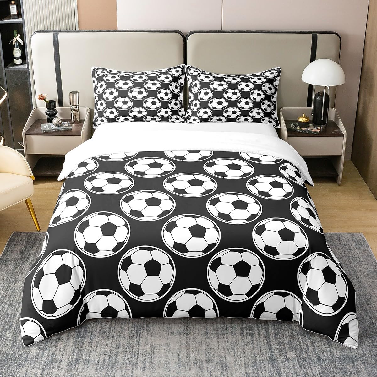 Homewish Football 100% Cotton Duvet Cover King Soccer Gamers Comforter Cover for Kids Boys Gaming Player Bedding Set Games World Cup Black White Ball Bedspread Cover with 2 Pillow Cases — image 1